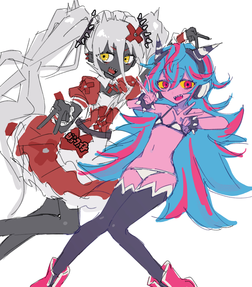 2girls, absurdres, apron, bikini, black_pantyhose, black_skin, black_thighhighs, blue_hair, bracelet, colored_sclera, colored_skin, commentary_request, crossover, double_v, dress, flat_chest, genre_connection, hair_ornament, headphones, highres, horns, j-core, japanese_stream_hardcore, jewelry, joe_faiko, long_hair, maid, monster_girl, multicolored_hair, multiple_girls, pantyhose, petite, pink_eyes, pink_skin, psycho-chan, psycho_filth_records, red_dress, red_hair, simple_background, sketch, spiked_bracelet, spikes, streaked_hair, swimsuit, thighhighs, twintails, v, very_long_hair, white_apron, white_background, white_bikini, white_hair, wusem0108, x_hair_ornament, yellow_eyes, yellow_sclera