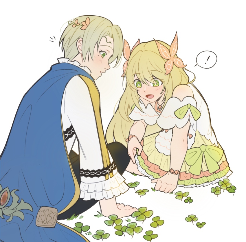 !, 1boy, 1girl, :d, alfred_(fire_emblem), blonde_hair, blue_cape, brother_and_sister