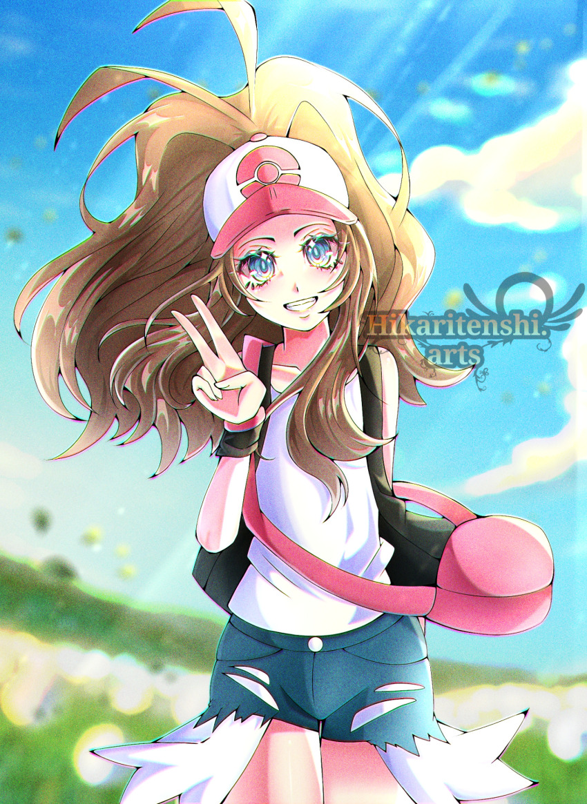 1girl, antenna_hair, artist_name, bad_anatomy, bag, baseball_cap, blue_eyes, brown_hair, collarbone_peek, commentary, cowboy_shot, denim, denim_shorts, english_commentary, grin, hat, high_ponytail, highres, hikarinotenshi.arts, hilda_(pokemon), nintendo, open_clothes, open_vest, outdoors, pink_bag, poke_ball_print, pokemon, pokemon_black_and_white, ponytail, shirt, shorts, smile, solo, v, vest, watermark, white_shirt, wristband
