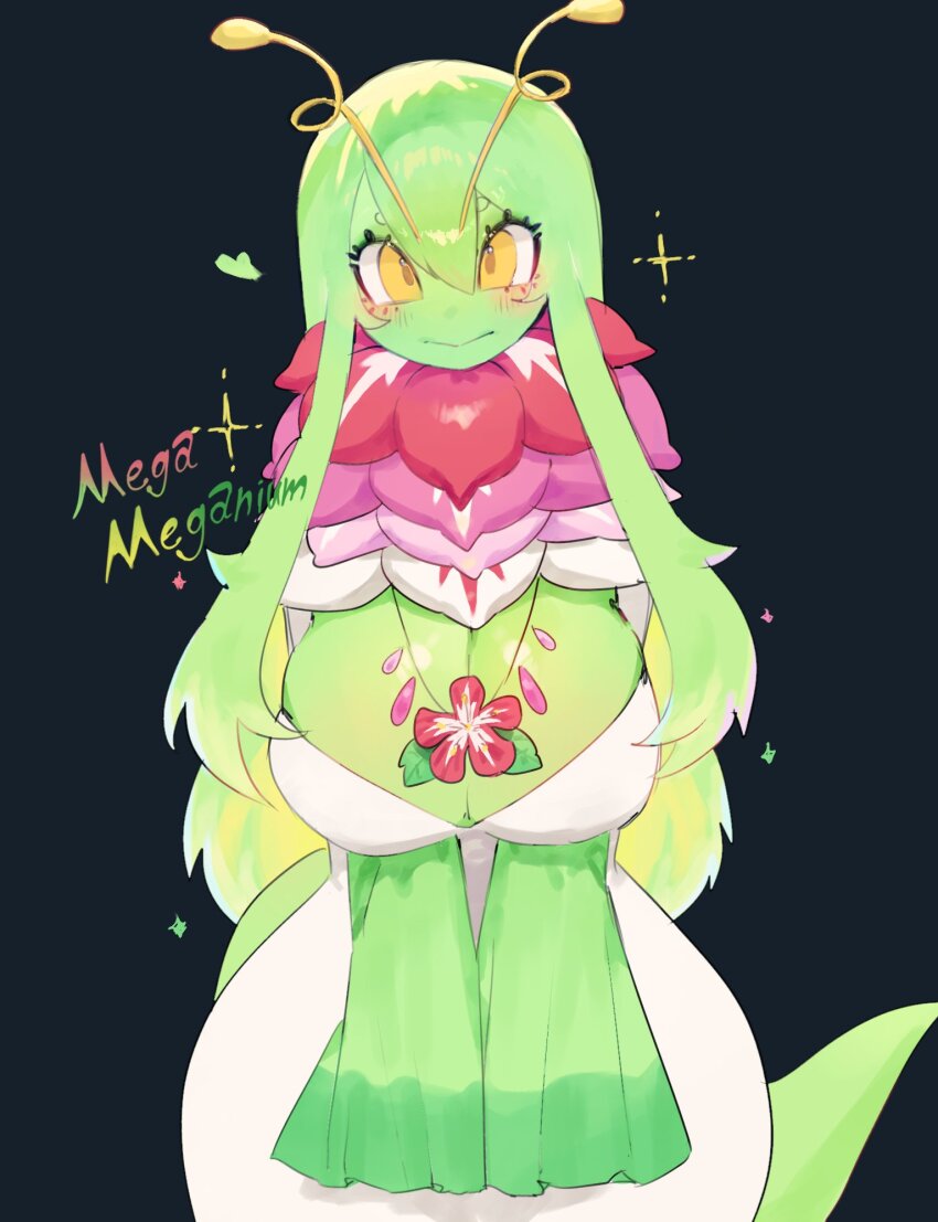 1girl, antennae, blush, breasts, character_name, cleavage, colored_skin, cowboy_shot, curvy, dress, eyelashes, flower, flower_necklace, gen_2_pokemon, green_hair, green_skin, green_sleeves, green_tail, heart, highres, jewelry, large_breasts, long_hair, long_sidelocks, long_sleeves, looking_at_viewer, low_neckline, mega_meganium, meganium, monster_girl, neck_flower, necklace, nintendo, personification, plant_girl, pokemon, red_flower, sidelocks, simple_background, sleeves_past_fingers, sleeves_past_wrists, smile, solo, sparkle, tail, togetoge, v_arms, very_long_sidelocks, white_dress, wide_hips, yellow_eyes