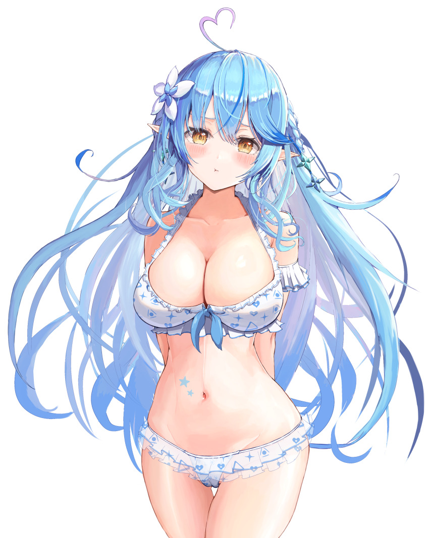 1girl, :t, absurdres, ahoge, aqua_hair, arms_behind_back, bikini, bikini_skirt