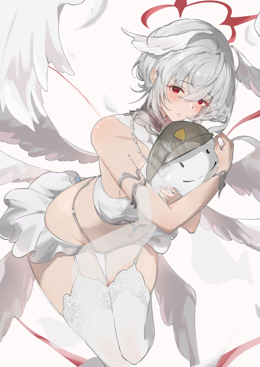 1girl, absurdres, ahoge, armlet, azur_lane, breasts, character_doll, commander_(azur_lane), doll, doodle_commander_(azur_lane), feathered_wings, halo, head_wings, highres, jewelry, looking_at_viewer, necklace, parted_lips, pearl_(azur_lane), pearl_necklace, pearl_thong, red_eyes, simple_background, solo, thighhighs, white_background, white_hair, white_thighhighs, white_wings, wings, x_am
