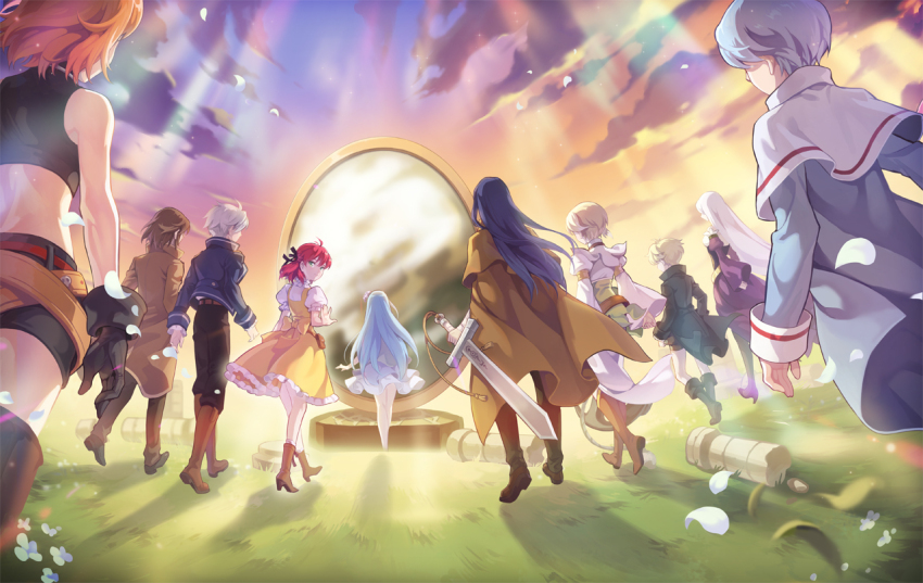 5boys, 5girls, ankle_boots, artist_request, back_bow, bare_shoulders, belt, benya_(tales_weaver)