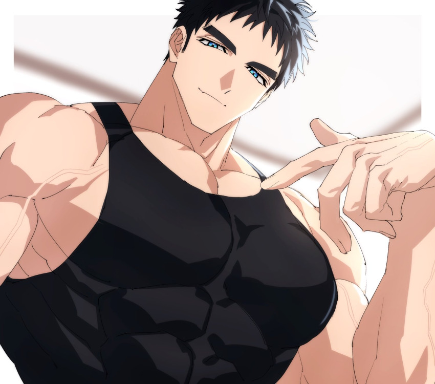 1boy, bara, black_hair, black_tank_top, black_vest, blue_eyes, border, closed_mouth