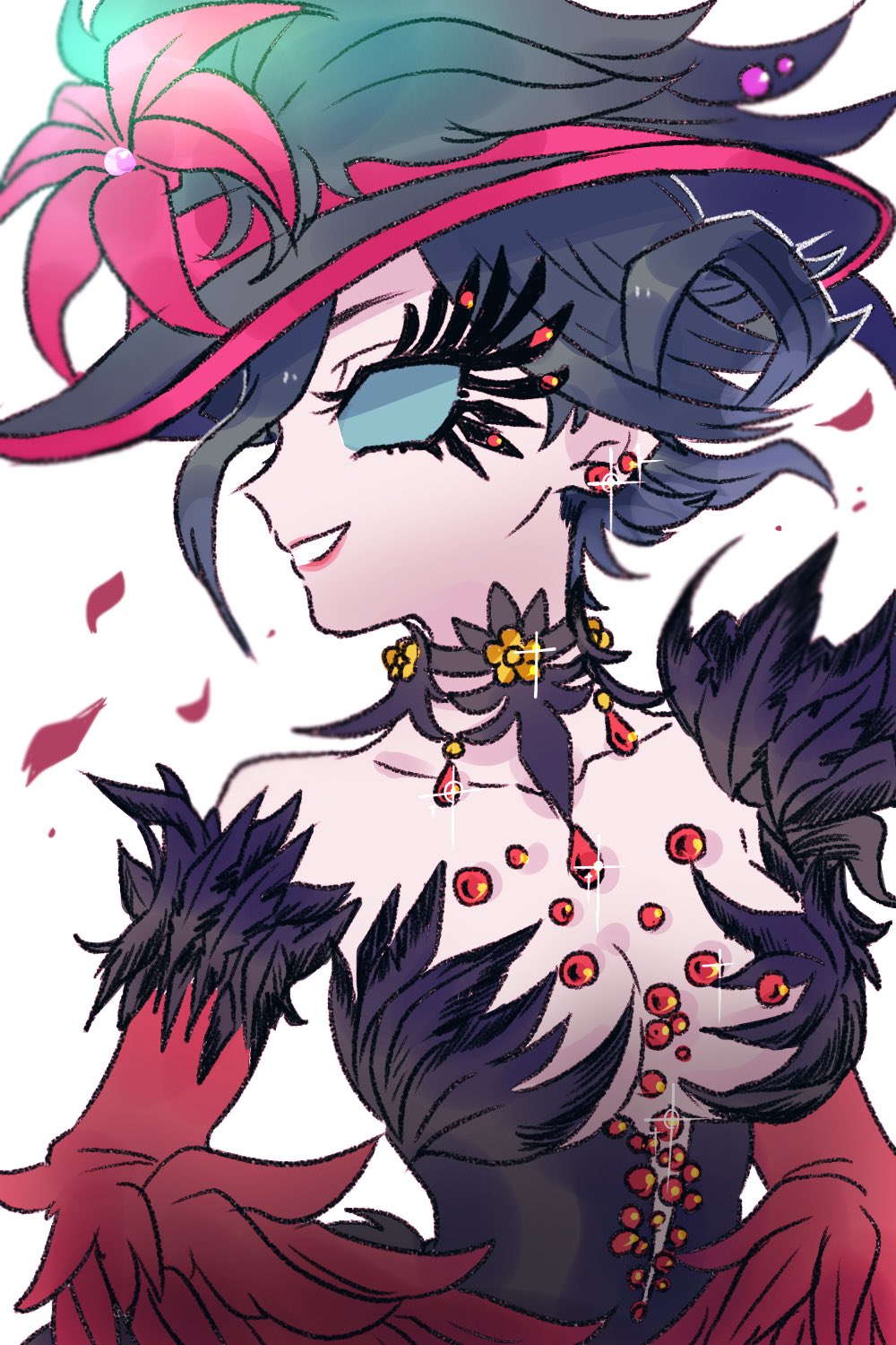 1girl, black_hair, black_hat, blank_eyes, blue_eyes, breasts, cleavage, commentary_request