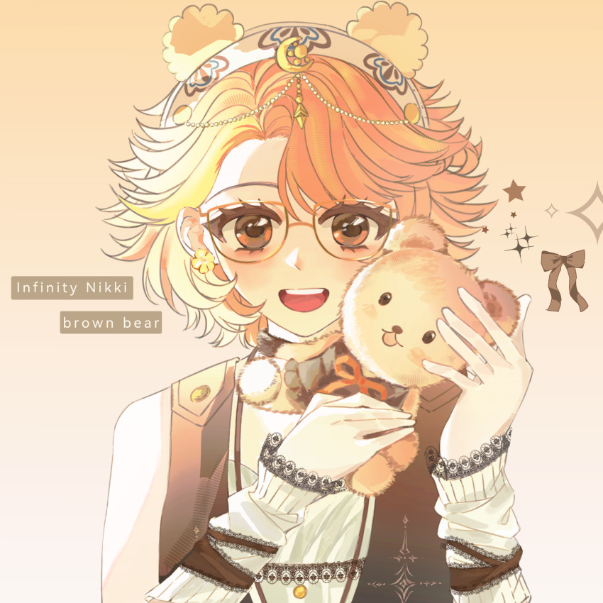 1girl, animal_ear_hairband, animal_ears, arm_warmers, beads, bear_ears, blonde_hair, brown-framed_eyewear