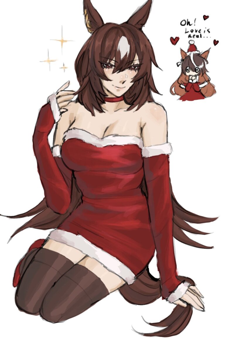 2girls, animal_ears, bare_shoulders, black_thighhighs, blush, breasts, brown_hair, capelet