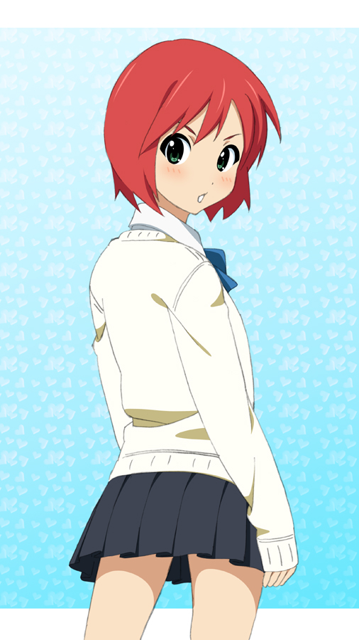 fukuoka_katsumi, green_eyes, ichigo_(fukuoka_katsumi), looking_back, original, red_hair, school_uniform, short_hair