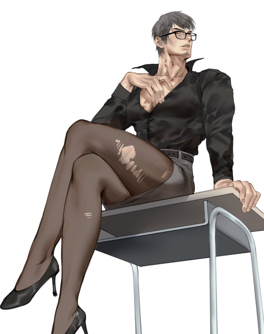 1boy, bespectacled, bite_mark, bite_mark_on_neck, bite_mark_on_pectorals, brown_eyes, crossdressing, crossdressing_(mtf), crossed_legs, desk, dress_shirt, facial_hair, glasses, goatee, grey_hair, hickey, high_heels, highres, kiryu_kazuma, large_pectorals, male_focus, mature_male, on_desk, pantyhose, pectoral_cleavage, pectorals, pencil_skirt, popped_collar, ryuu_ga_gotoku_(series), ryuu_ga_gotoku_8, shirt, sitting, skirt, smile, smirk, solo, sotenborinpc, teacher, torn_clothes, torn_pantyhose