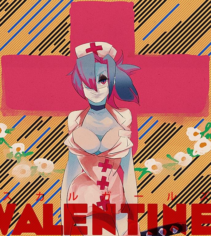 +_+, 1girl, ah-lyong_lee, bad_id, bad_pixiv_id, blue_hair, breasts, cleavage, ebi_(soshoku), female_focus, hair_over_one_eye, hat, large_breasts, mask, nurse, red_eyes, skullgirls, solo, valentine_(skullgirls)