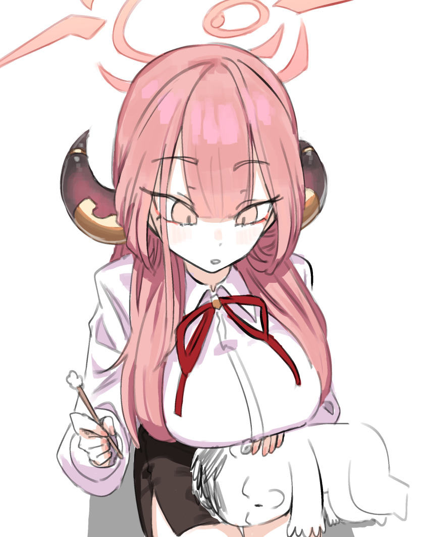 1boy, 1girl, absurdres, aru_(blue_archive), black_skirt, blue_archive, commentary, demon_horns