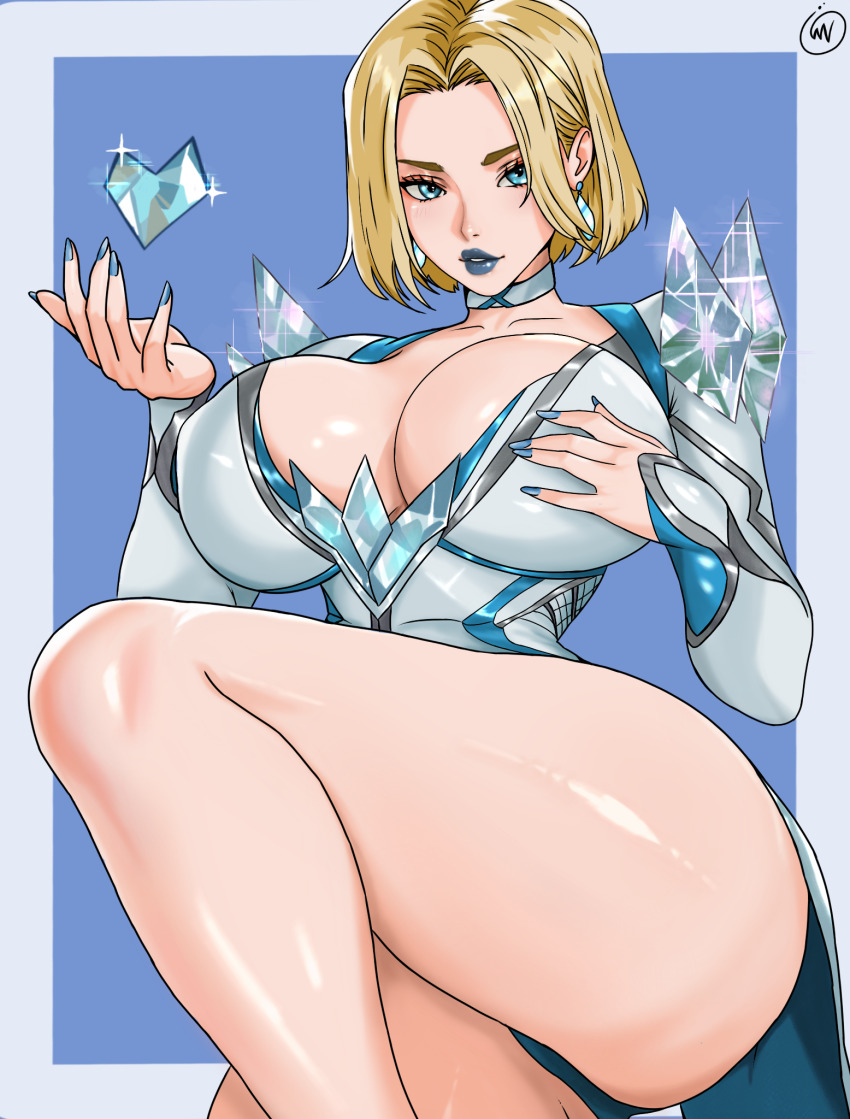 1girl, blue_lips, blue_nails, breasts, cleavage, commentary, corset, diamond-shaped_earrings, diamond_earrings, diamond_skin, earrings, emma_frost, english_commentary, highres, jewelry, large_breasts, leotard, lipstick, looking_at_viewer, makeup, marvel, marvel_rivals, multicolored_leotard, muscular, muscular_female, simple_background, thick_thighs, thighs, waifuviolenta, white_corset