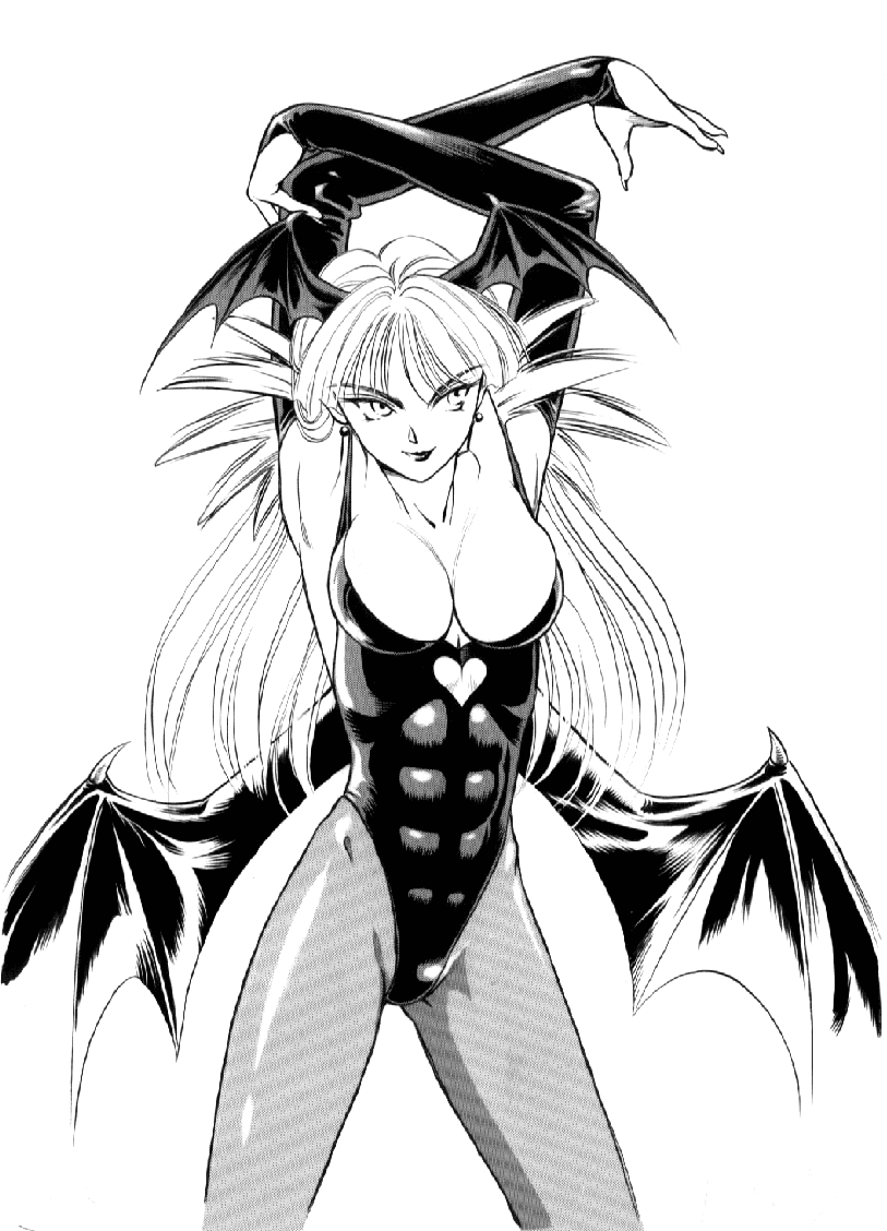 1990s_(style), 1girl, arms_up, bat_wings, breasts, bridal_gauntlets, cleavage, closed_mouth