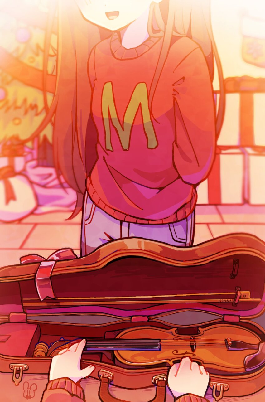 007f89_siyo, 1boy, 1girl, black_hair, blue_pants, bow_(music), brother_and_sister, christmas_tree