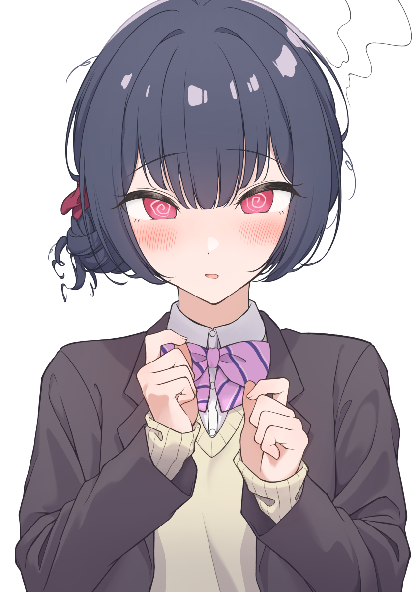 1girl, @_@, absurdres, amama_(pcnk4878), black_hair, blazer, blush, bow