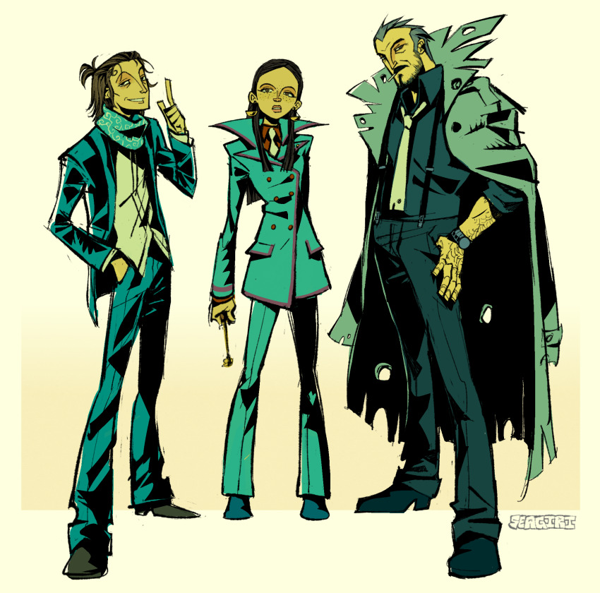 1girl, 2boys, ace_attorney, ace_attorney_investigations, arm_hair, artist_name, beard, black_hair