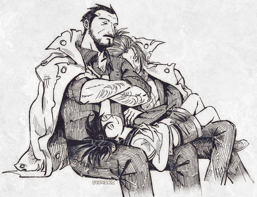 1girl, 2boys, ace_attorney, ace_attorney_investigations, arm_hair, beard, byrne_faraday, coat