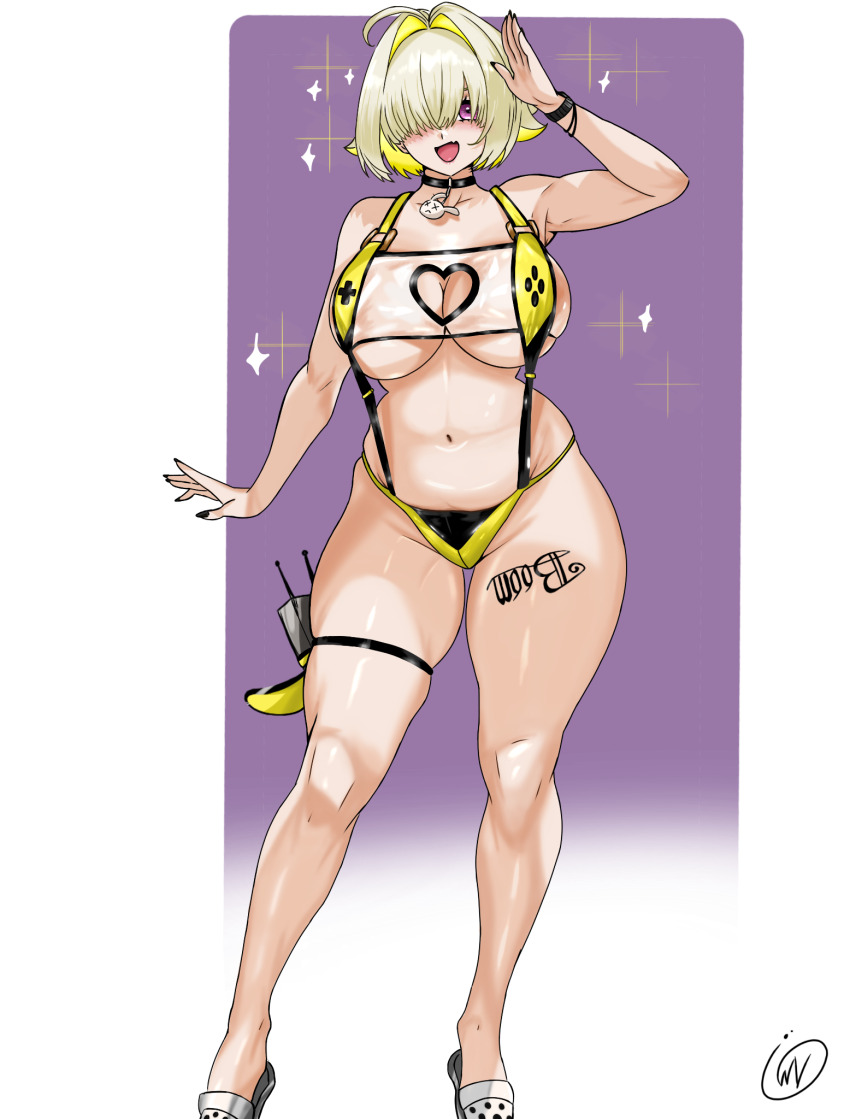 1girl, blonde_hair, boomstick_(nikke), breasts, clothing_cutout, commentary, electric_shock_(nikke), elegg_(boom_and_shock)_(nikke)