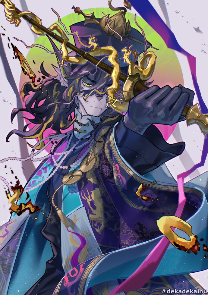 1boy, arknights, black_gloves, black_shirt, blonde_hair, blue_shawl, brown_hair, coat, coin, commentary_request, dekadekainu, fins, frown, furry, furry_male, gloves, grey_background, hat, head_fins, holding, holding_wand, lee_(arknights), lee_(the_life_appraiser)_(arknights), long_sleeves, looking_at_viewer, male_focus, medium_hair, multicolored_hair, official_alternate_costume, purple_coat, purple_hat, scales, serious, shawl, shirt, simple_background, solo, streaked_hair, twitter_username, wand, yellow_eyes