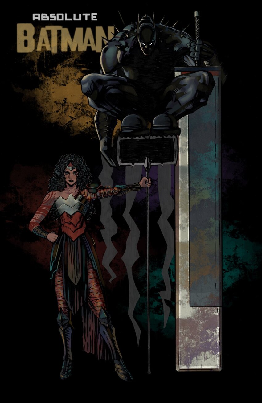 1boy, 1girl, absolute_batman, absolute_dc, absolute_wonder_woman, axe, back_spikes, bat_mask, batman, batman_symbol, commentary, cowl, dc_comics, english_commentary, gilded_mascaraline, highres, huge_weapon, mascaraline, red_tattoo, superhero_costume, sword, tattoo, tattoo_sleeve, weapon, wonder_woman