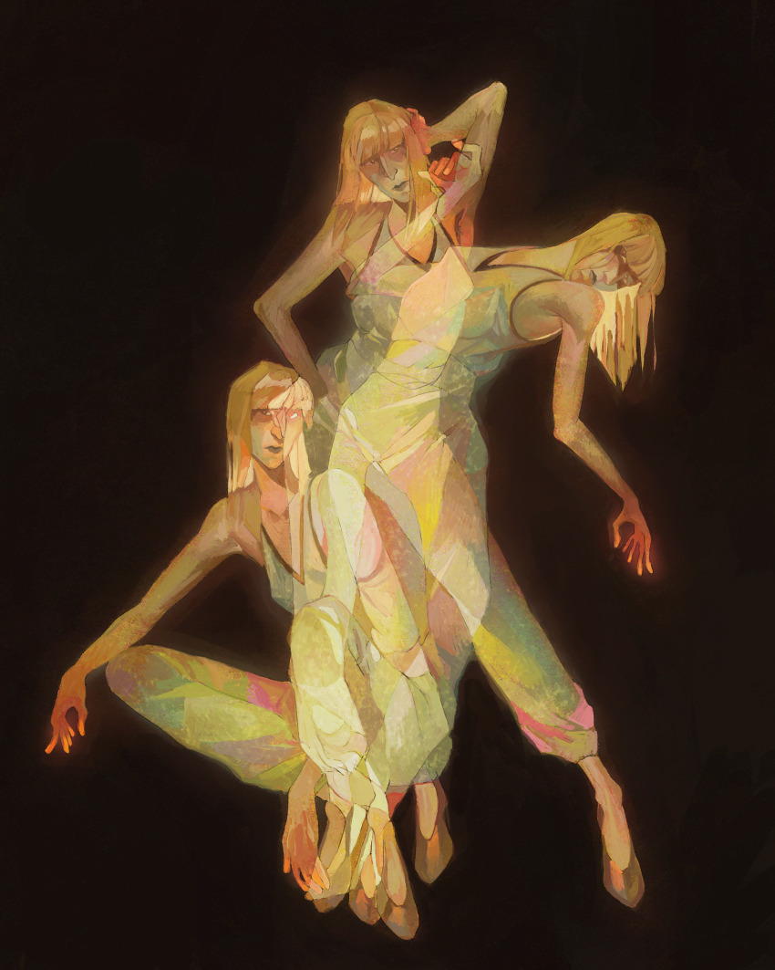 1girl, absurdres, arm_up, black_background, blonde_hair, breasts, chacha-tortuga, disco_elysium