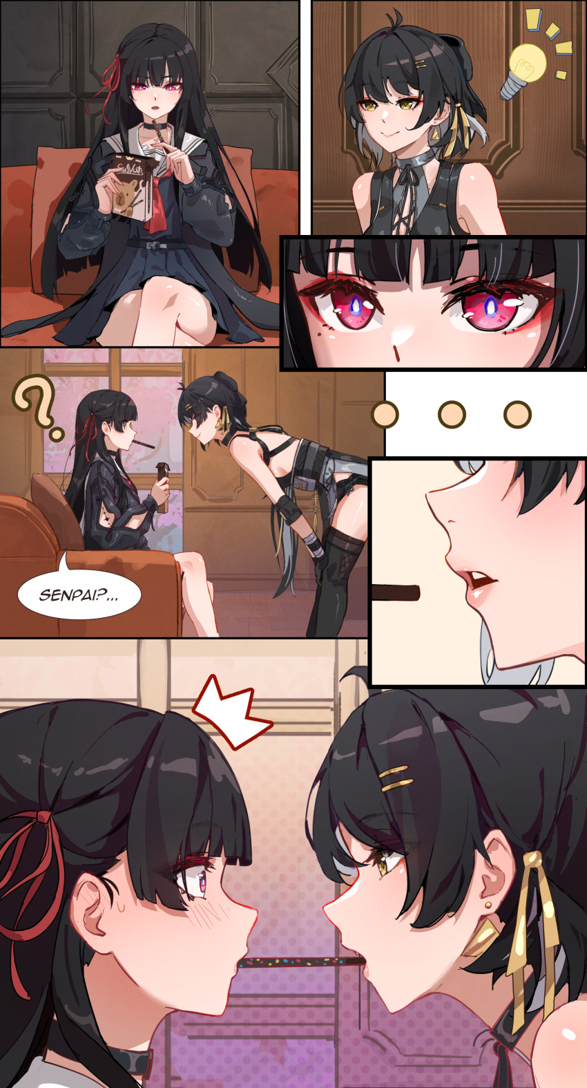 ..., 2girls, ?, absurdres, bare_shoulders, black_bow, black_choker, black_hair