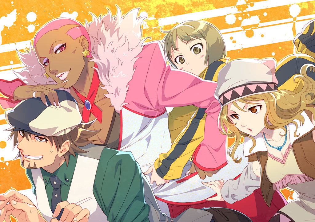 10s, 2boys, 2girls, bare_shoulders, beanie, blonde_hair, brown_eyes, brown_hair