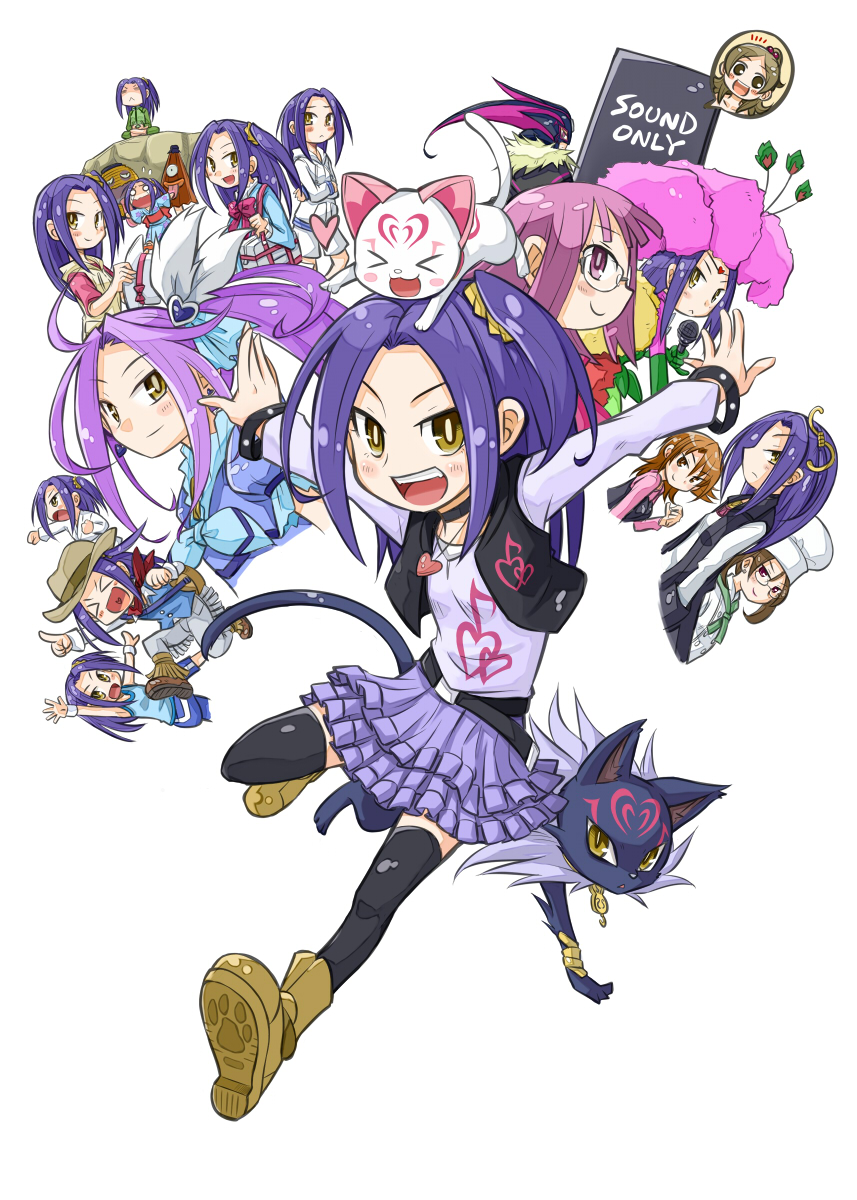 >_<, 10s, 6+girls, :d, black_legwear, black_neckwear, boots, brown_hair