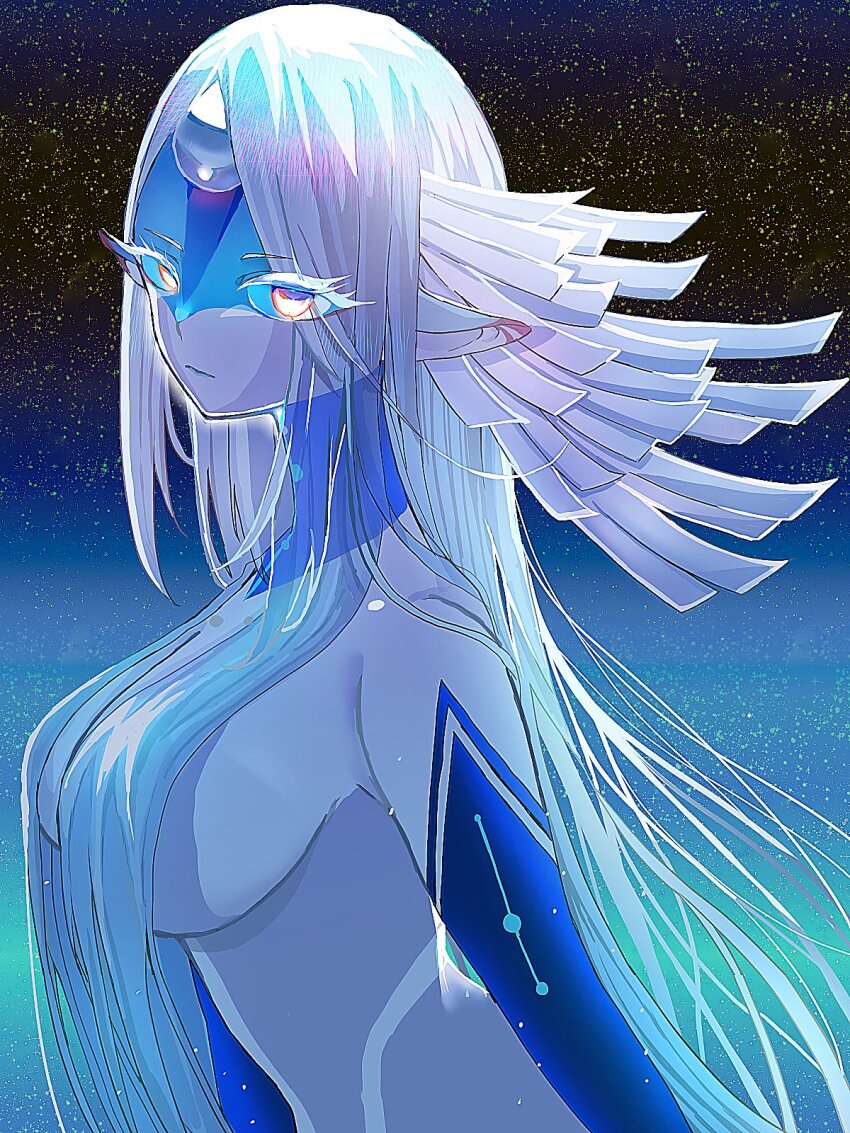 1girl, breasts, colored_skin, commentary_request, completely_nude, convenient_censoring, fate/grand_order, fate_(series), forehead_jewel, grey_hair, grey_skin, convenient_hair, hair_over_breasts, highres, large_breasts, long_hair, looking_at_viewer, multicolored_skin, nude, pointy_ears, priestess_of_the_alien_god, t_maguo, topless_female, upper_body, very_long_hair, yellow_eyes