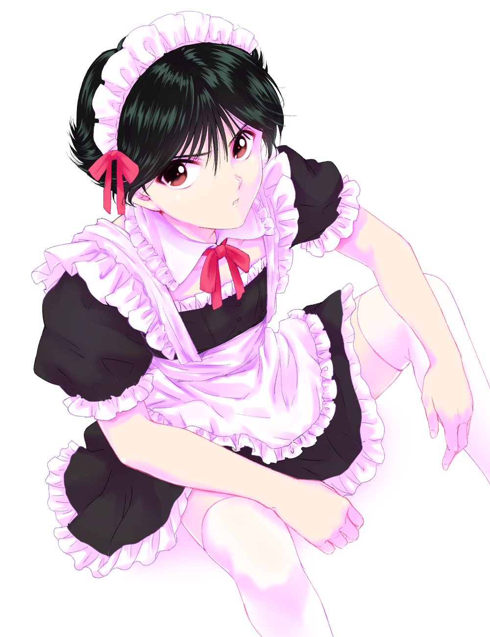 1boy, apron, black_hair, crossdressing, crossdressing_(mtf), elbows_on_knees, frills, highres