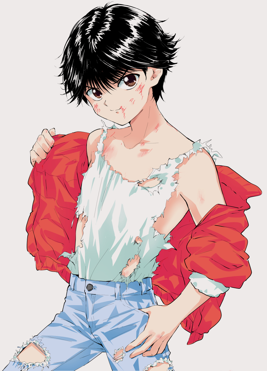 1boy, black_hair, brown_eyes, bruise, closed_mouth, collarbone, denim, highres