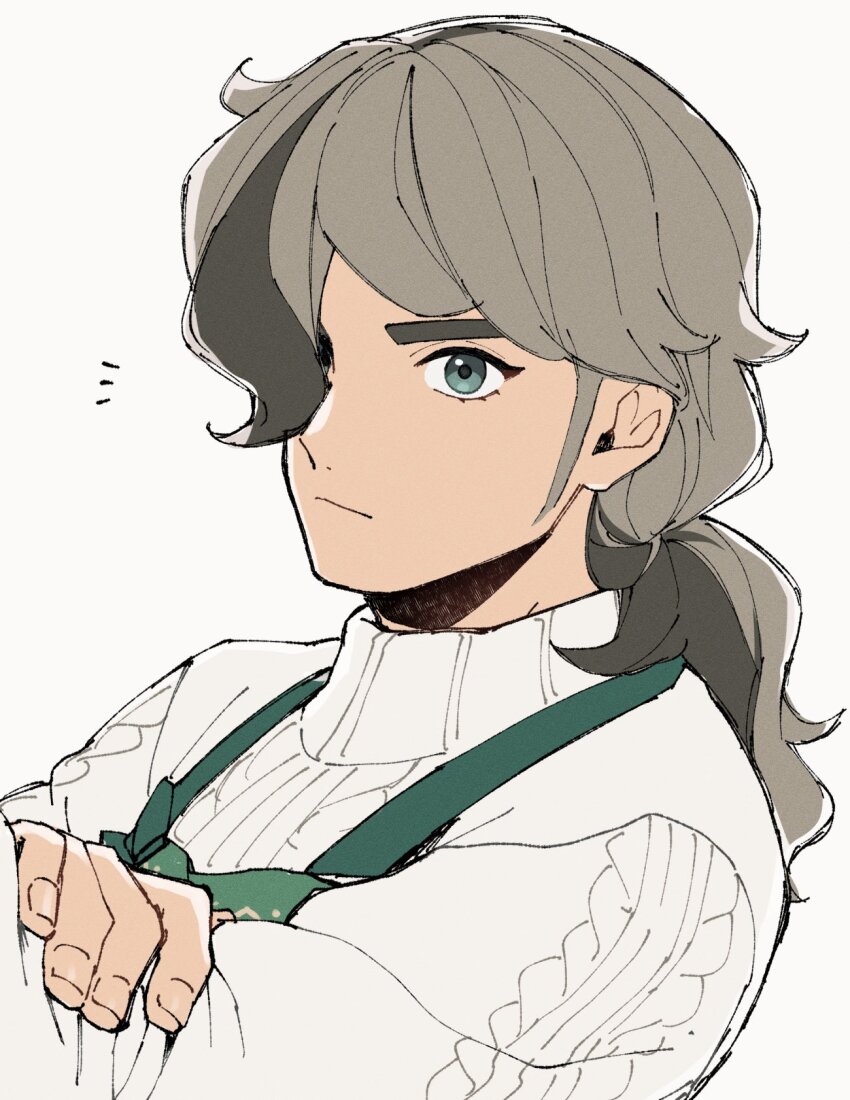 1boy, apron, arven_(holiday_2025)_(pokemon), arven_(pokemon), brown_hair, closed_mouth, commentary_request, green_apron, green_eyes, hair_over_one_eye, hand_on_own_arm, highres, male_focus, mocollie, nintendo, notice_lines, official_alternate_costume, pokemon, pokemon_masters_ex, solo, sweater, upper_body, white_background, white_sweater