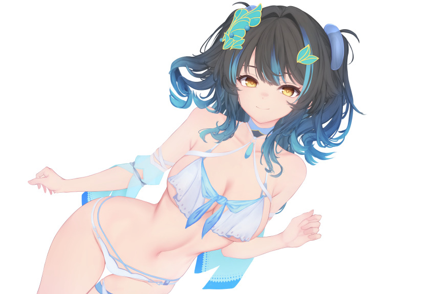 1girl, absurdres, bare_shoulders, bikini, black_hair, blue_choker, blue_hair, breasts