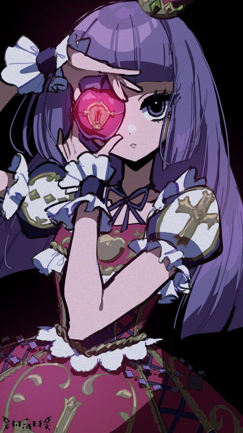 1girl, aikatsu!, aikatsu!_(series), apple, black_background, blunt_bangs, commentary_request, cowboy_shot