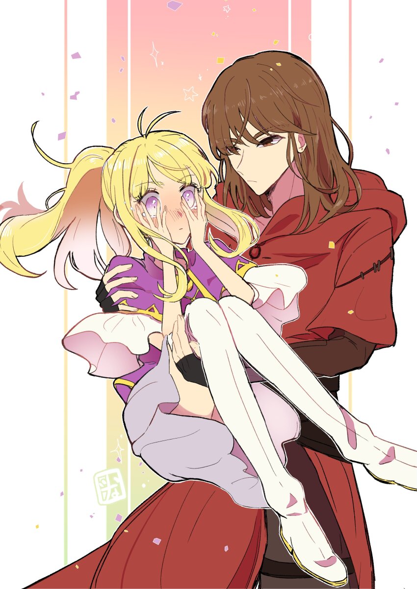 1boy, 1girl, absurdres, antenna_hair, blonde_hair, blush, boots, brown_eyes, brown_hair, capelet, carrying, carrying_person, clarine_(fire_emblem), closed_mouth, coat, commentary, constricted_pupils, covering_face, fingerless_gloves, fire_emblem, fire_emblem:_the_binding_blade, flying_teardrops, gloves, hetero, highres, hood, hood_down, hooded_coat, layered_capelet, long_hair, nintendo, ponytail, princess_carry, purple_capelet, purple_eyes, red_coat, rutger_(fire_emblem), sidelocks, skirt, thigh_boots, tuna_marusuke, white_boots, white_skirt