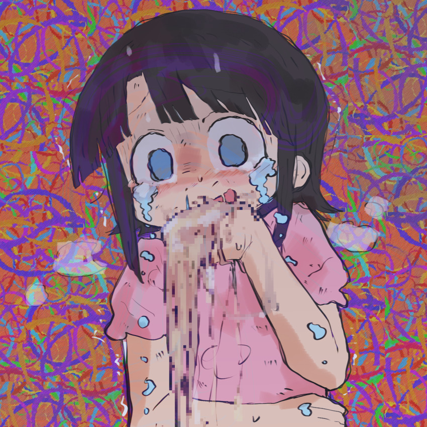 1girl, black_hair, blue_eyes, blush, city_(arawi_keiichi), crying, crying_with_eyes_open, highres, horror_(theme), makabe_matsuri, open_mouth, pink_shirt, psychedelic, puffy_short_sleeves, puffy_sleeves, qjrs4221, shaded_face, shirt, short_hair, short_sleeves, solo, sweat, tears, upper_body, vomit, vomiting