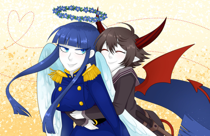 2girls, angel, angel_girl, angel_wings, belt, black_belt, blue_eyes, blue_hair