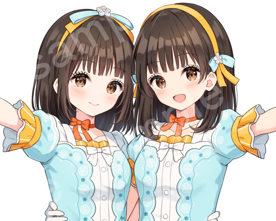2girls, 5th_live_tour_~4pair_power_spread!!!!~, :d, animification, blue_dress, blue_ribbon, blunt_bangs, blush