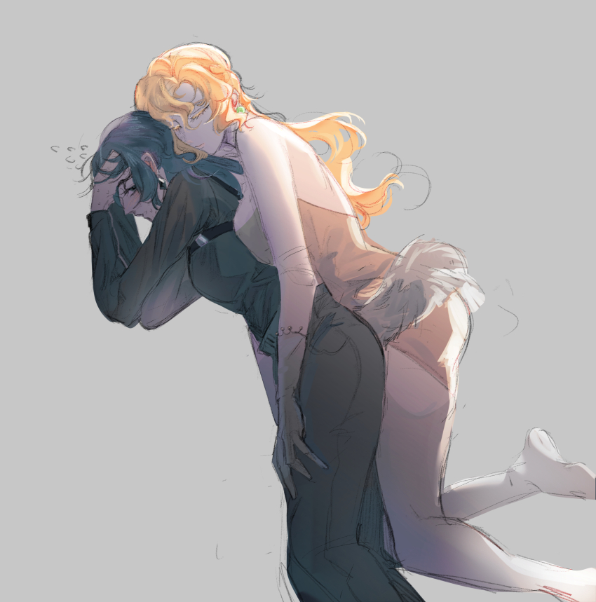 2girls, black_hair, black_shirt, blonde_hair, character_request, chief_(path_to_nowhere), closed_eyes, closed_mouth