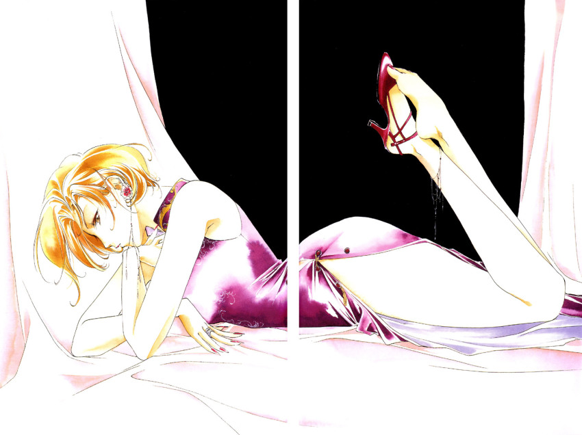 1girl, anklet, bed, dress, earrings, female_focus, fingernails, high_heels