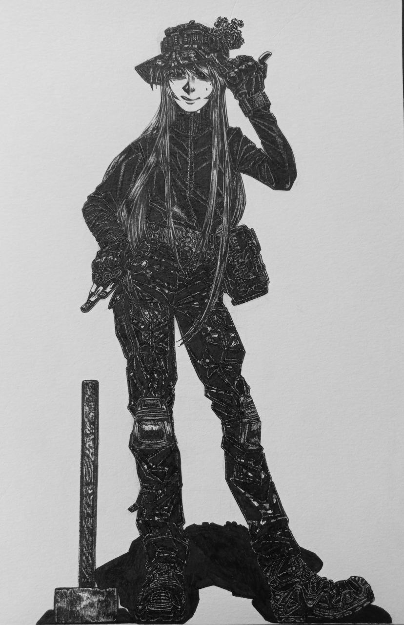 1girl, high-waist_belt, belt_pouch, black_jacket, boots, bordfunker133, camouflage, camouflage_pants