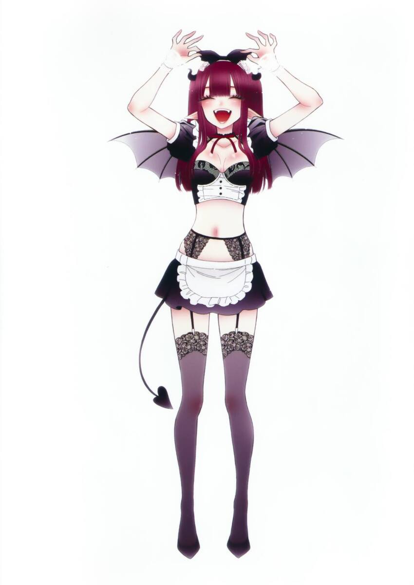 1girl, adjusting_clothes, adjusting_headwear, arms_up, bat_wings, black_ribbon, black_shoes, black_skirt