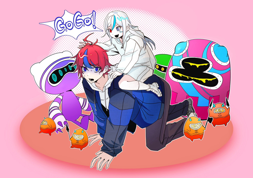 1boy, 1girl, aged_down, all_fours, black_pants, blue_eyes, blue_hoodie, blue_streaks