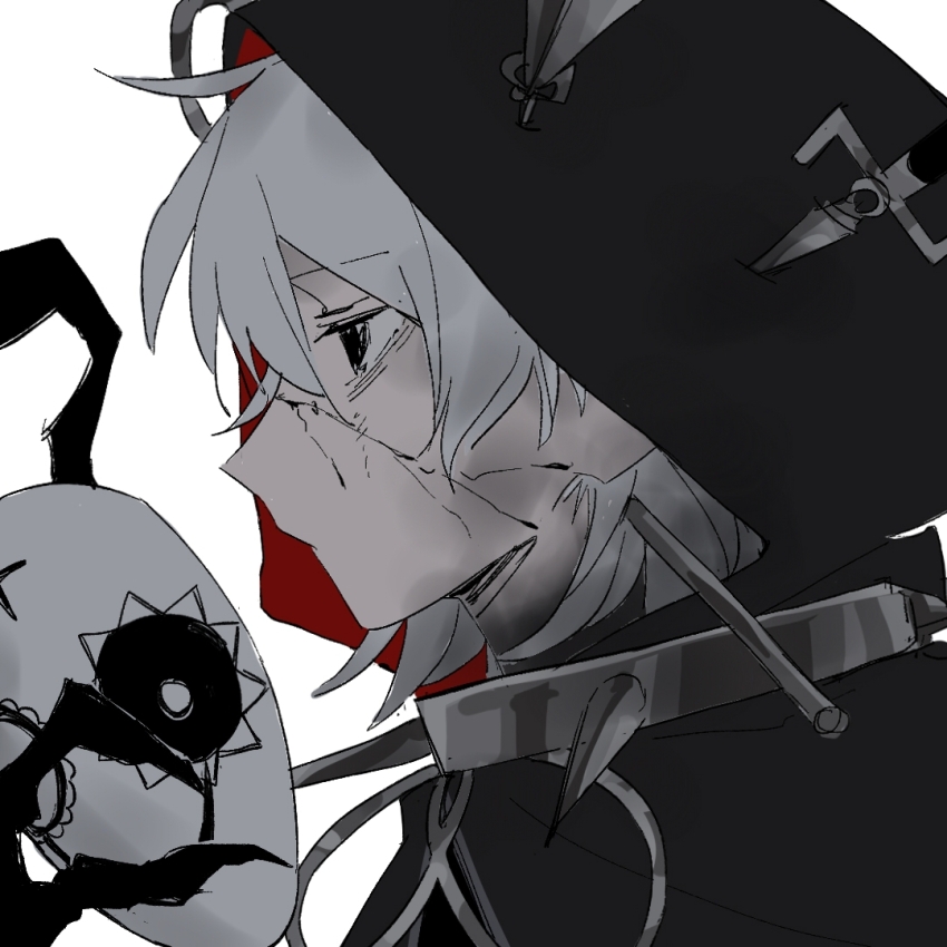 1girl, black_eyes, chinese_commentary, claws, closed_mouth, collar, commentary_request, cracked_skin, from_side, grey_hair, hair_between_eyes, holding, holding_mask, hood, hood_up, kalsept, kurobe_nanoka, kurobe_nanoka's_sister, mahou_shoujo_no_majo_saiban, mask, narehate_(mahou_shoujo_no_majo_saiban), profile, short_hair, simple_background, solo, spoilers, unworn_mask, upper_body, white_background