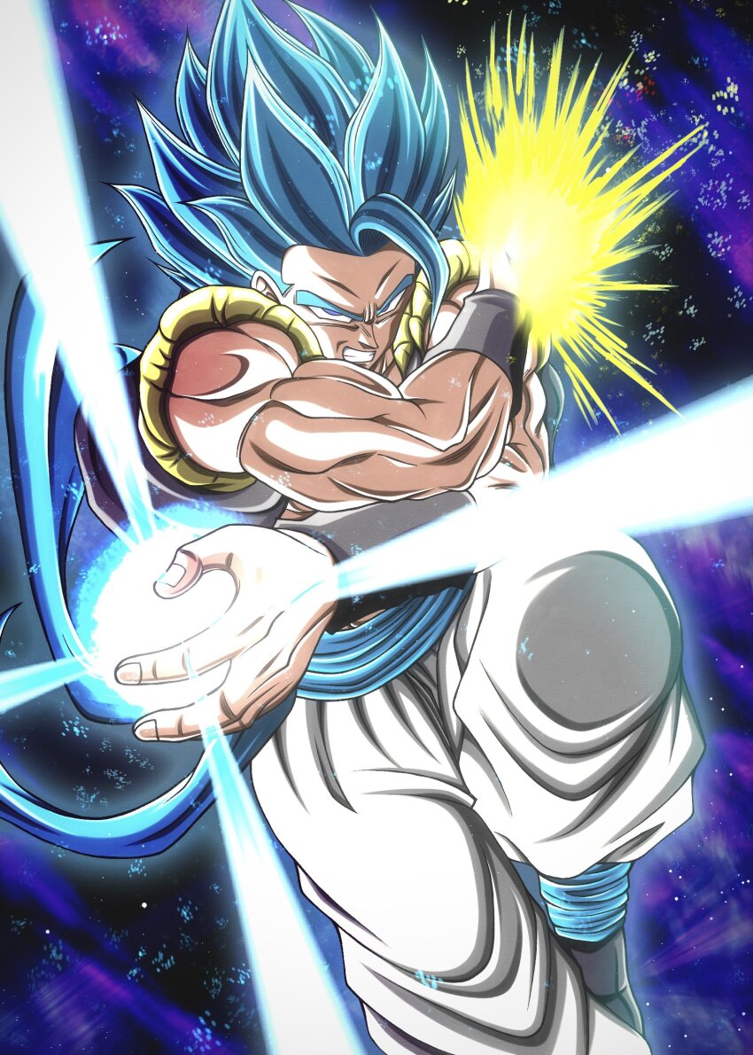 1boy, absurdres, aura, black_vest, blue_eyes, blue_hair, blue_sash, commentary_request