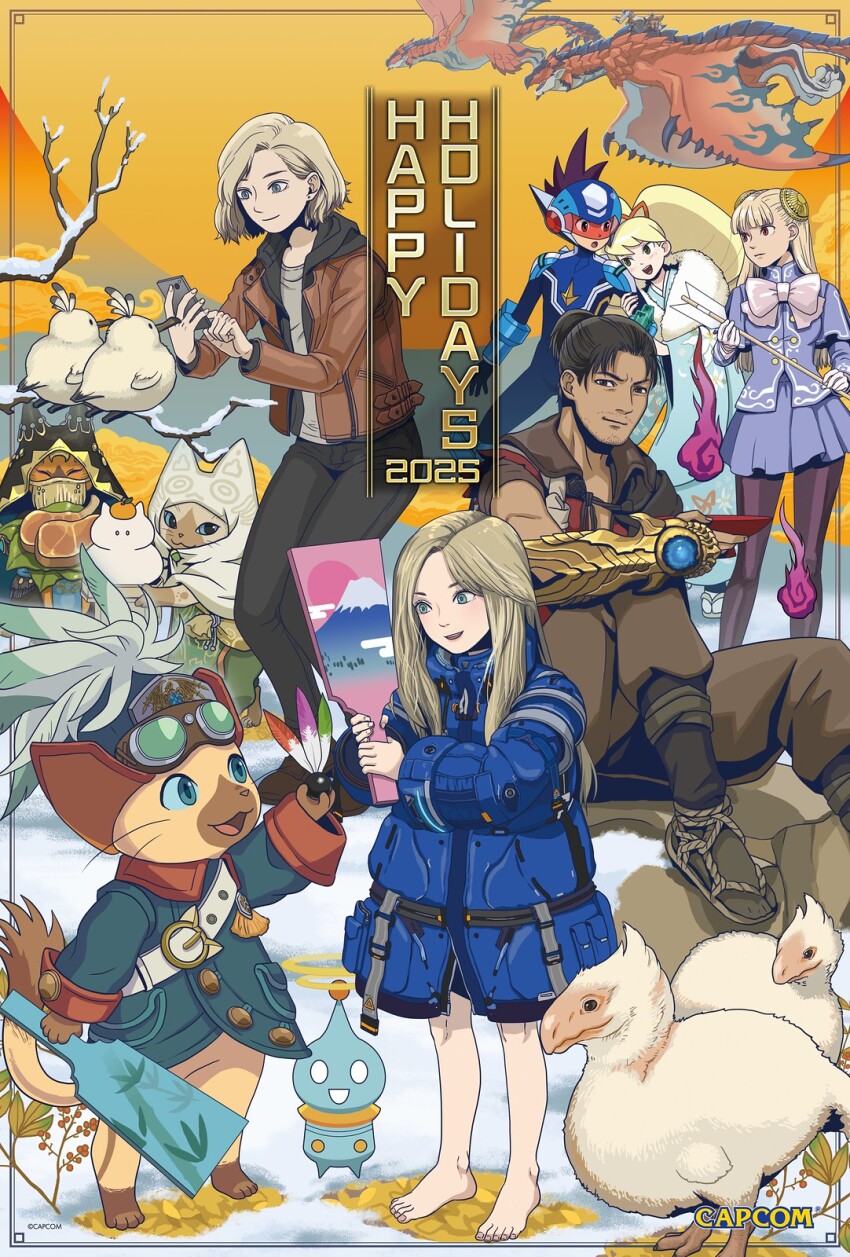 baby_seikret_(monster_hunter), barefoot, beard_stubble, black_hair, blue_bodysuit, blue_coat, blue_eyes, blush