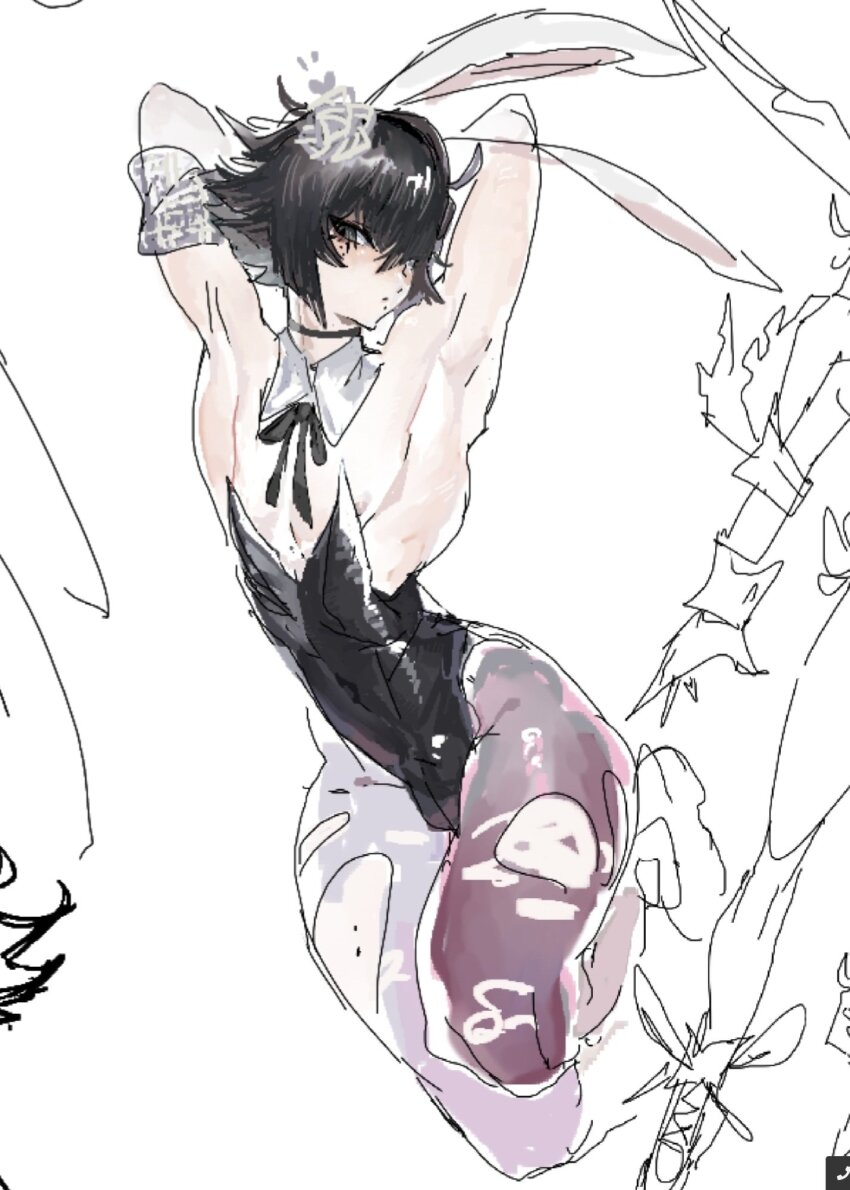 1boy, androgynous, animal_ears, black_bow, black_bowtie, black_hair, black_leotard, bluegeyko