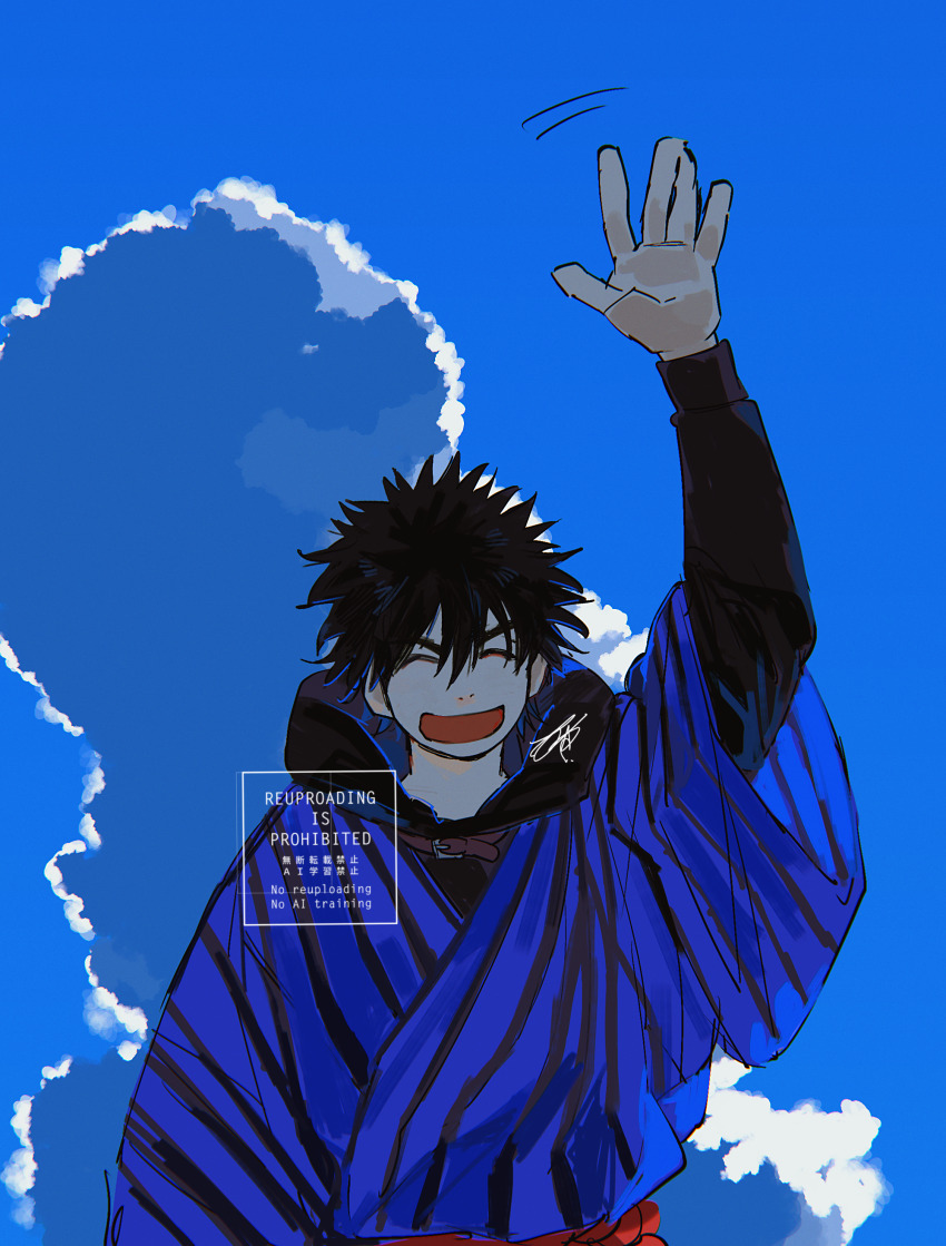 1boy, absurdres, azisaiharumaki56, black_hair, blue_background, blue_sky, closed_eyes, cloud