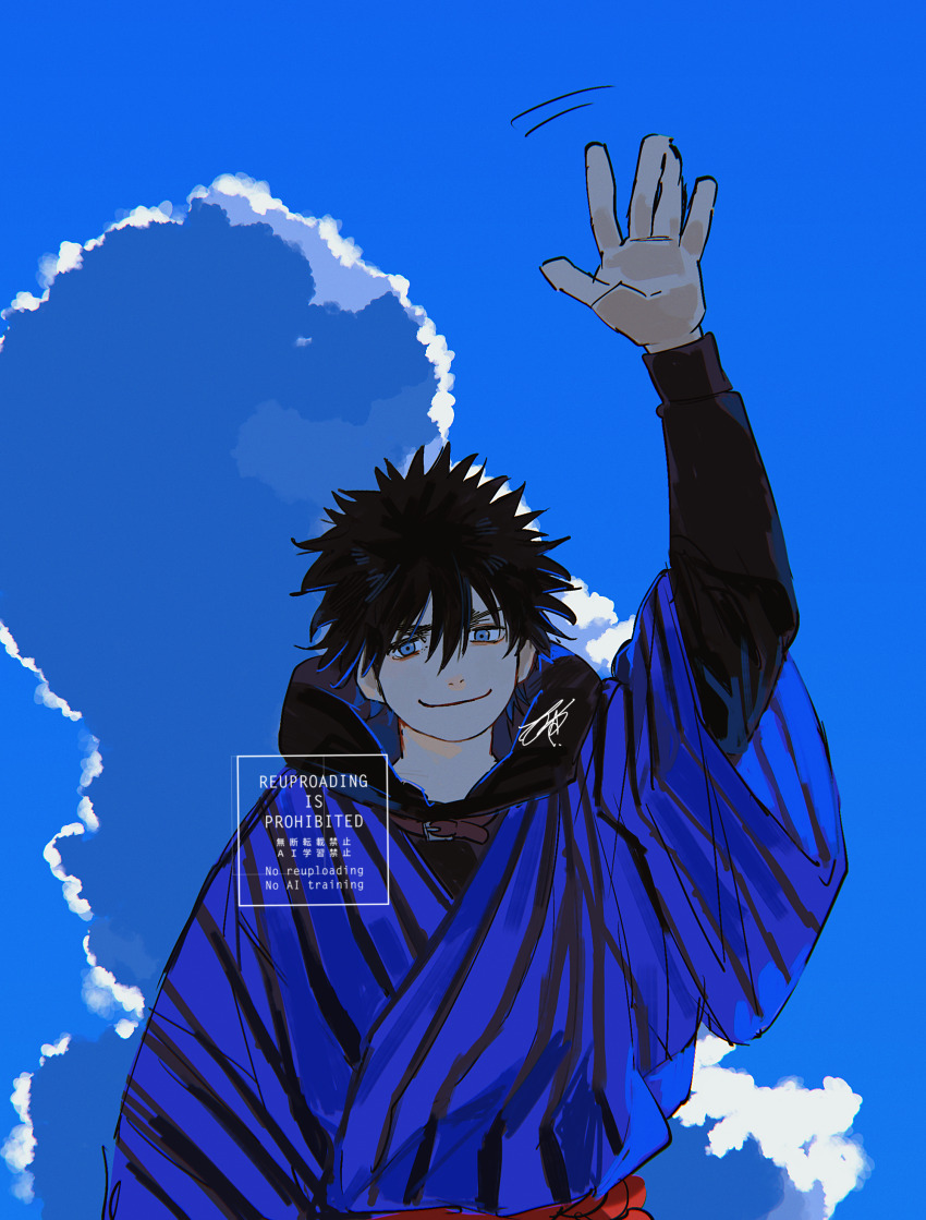 1boy, absurdres, azisaiharumaki56, black_hair, blue_background, blue_eyes, blue_sky, closed_mouth