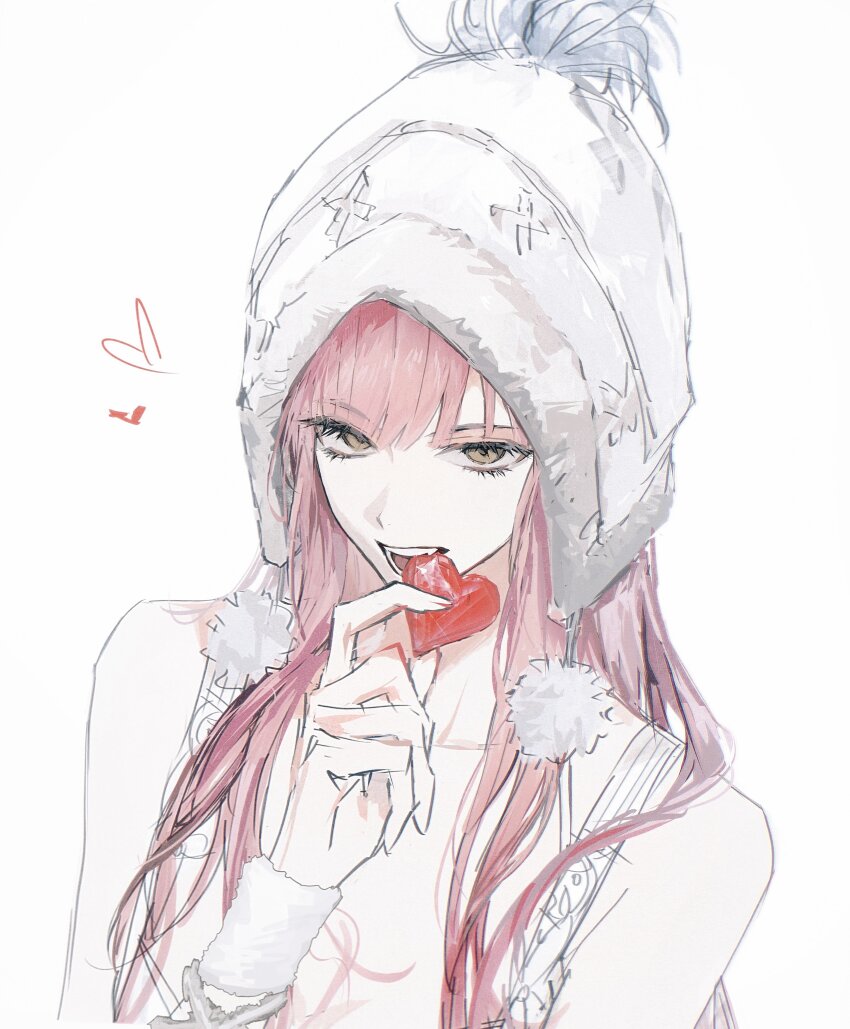 1girl, absurdres, biting, fang, fate/grand_order, fate_(series), fur-trimmed_headwear, fur_trim, heart, highres, long_hair, looking_at_viewer, medb_(fate), metama, open_mouth, pink_hair, simple_background, smile, solo, upper_body, white_background, yellow_eyes